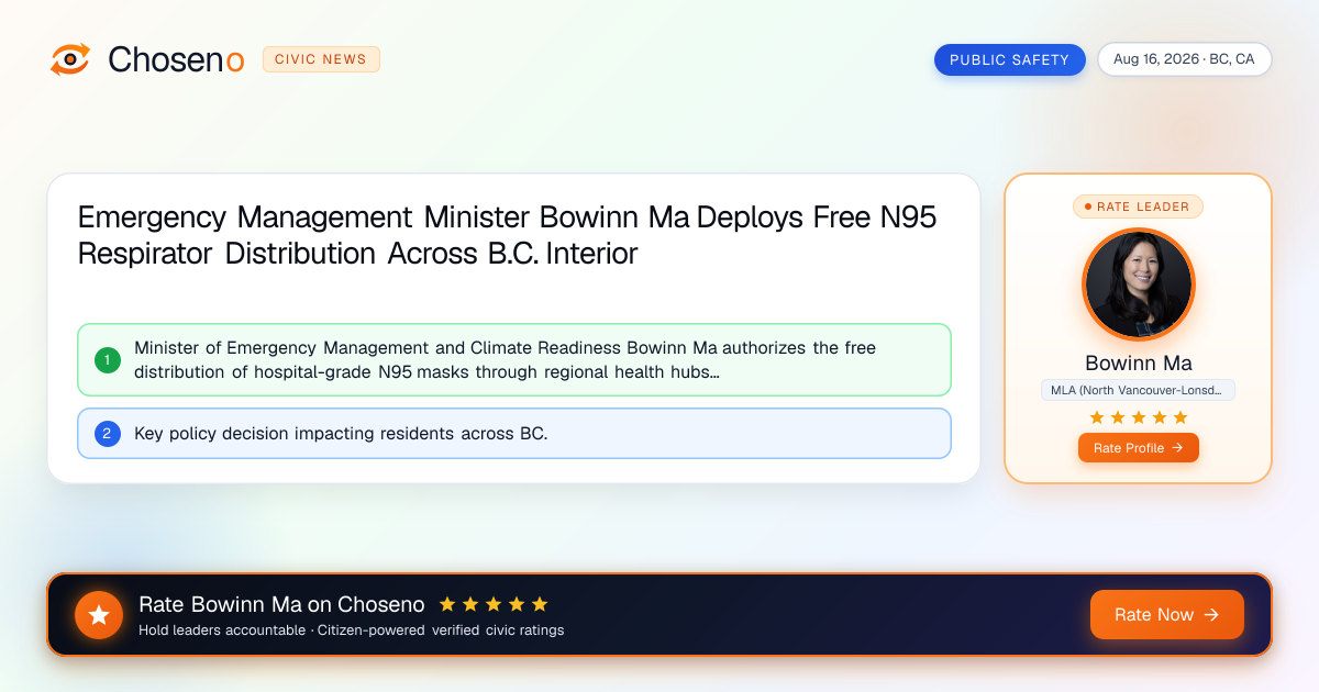 Emergency Management Minister Bowinn Ma Deploys Free N95 Respirator Distribution Across B.C. Interior