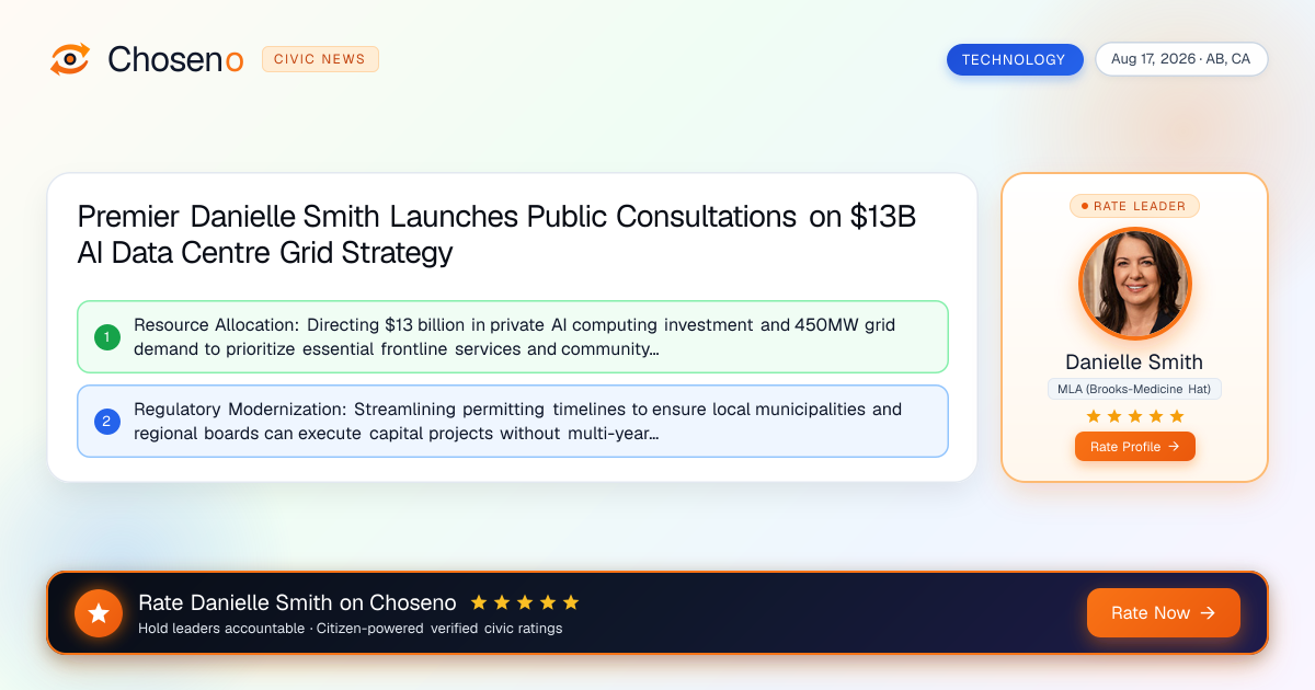 Premier Danielle Smith Launches Public Consultations on $13B AI Data Centre Grid Strategy
