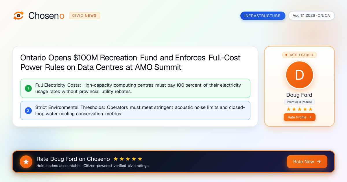Ontario Opens $100M Recreation Fund and Enforces Full-Cost Power Rules on Data Centres at AMO Summit