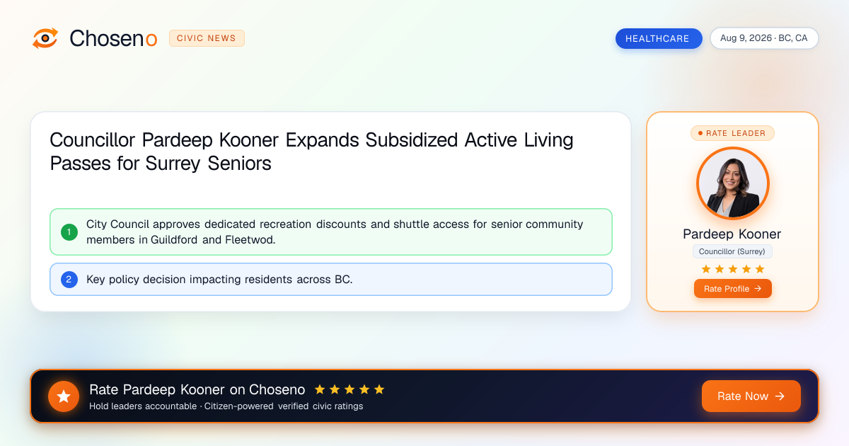 Councillor Pardeep Kooner Expands Subsidized Active Living Passes for Surrey Seniors